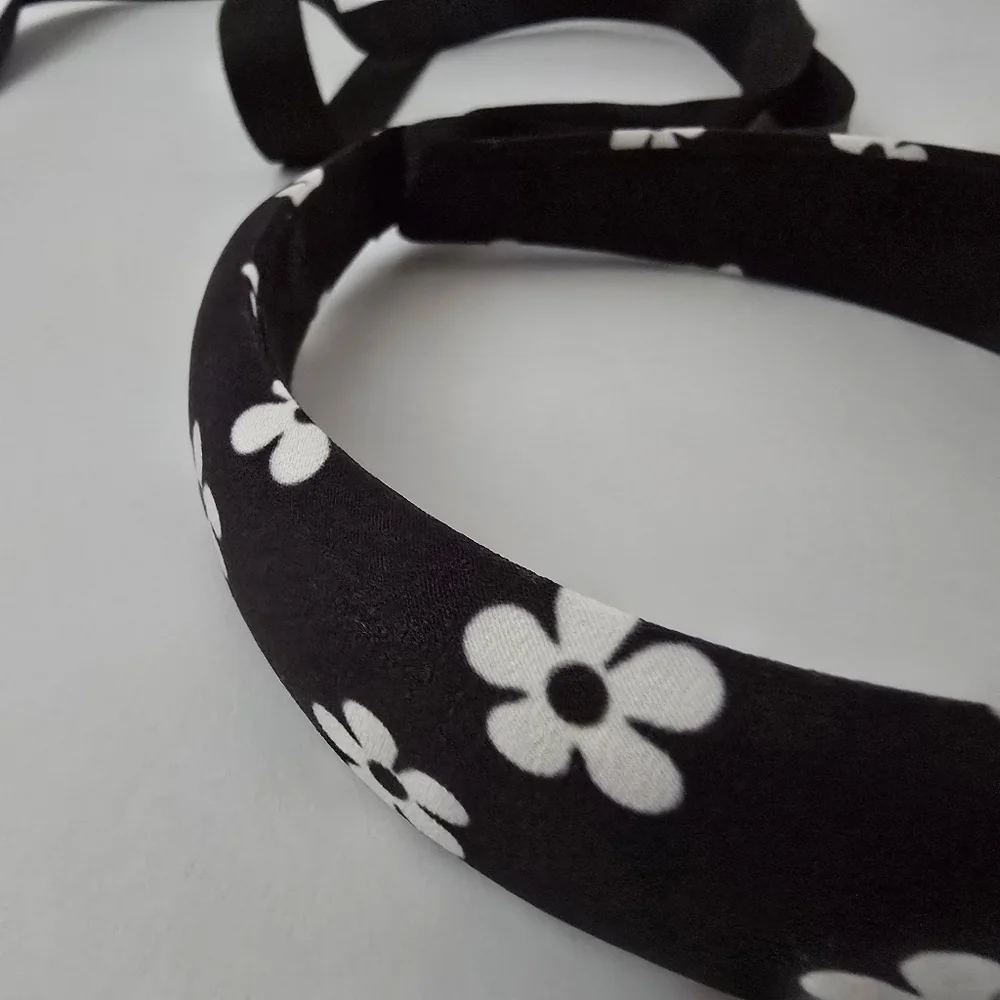 NEW Black White Retro Floral Ribbon Bow Headband